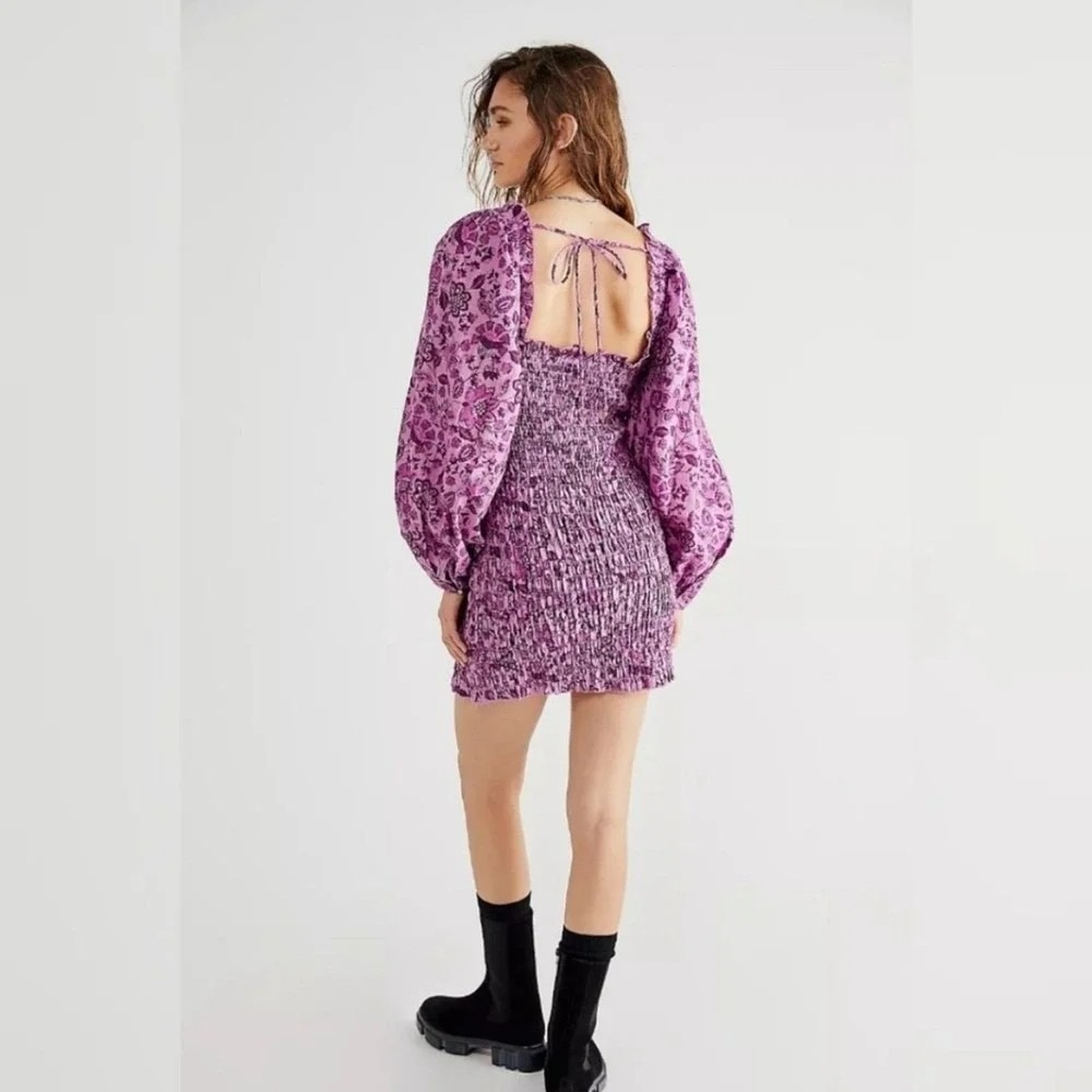 Free People Smock It To Me Shirred Mini Dress in Purple